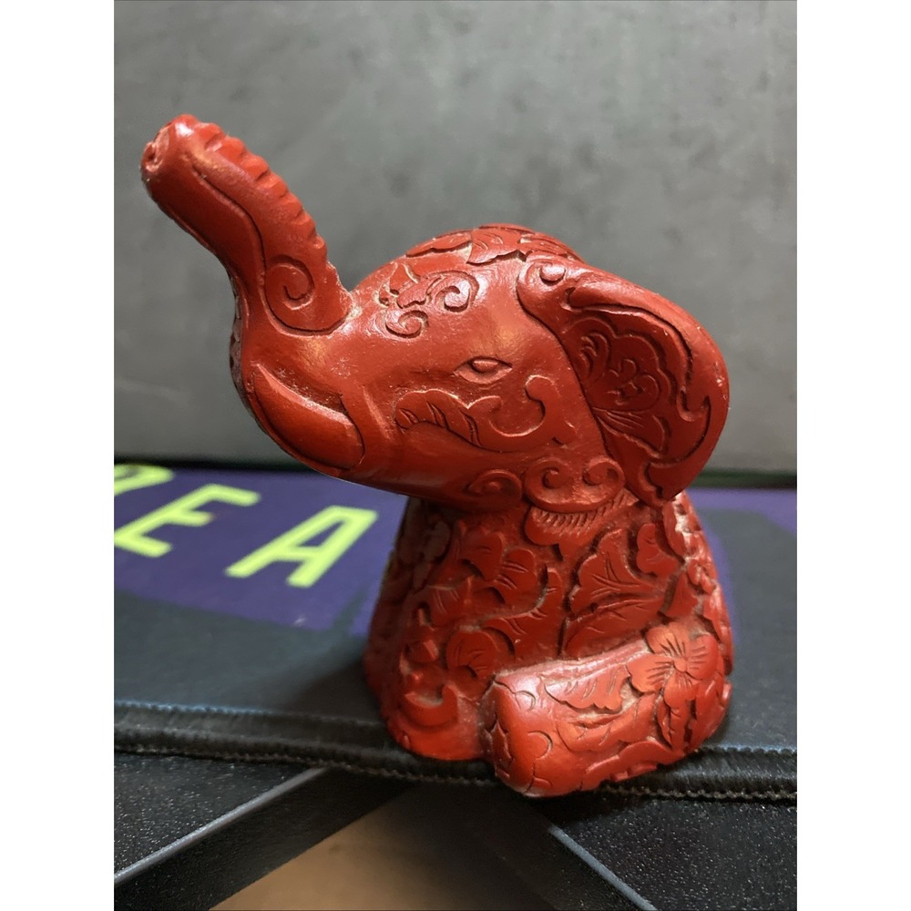 Vintage PG 1991 Chinese Red Resin Carved Design Elephant Taiwan Lucky B1 - Picture 2 of 6
